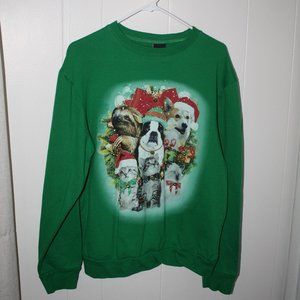 Green ugly Christmas sweater with animals and bells